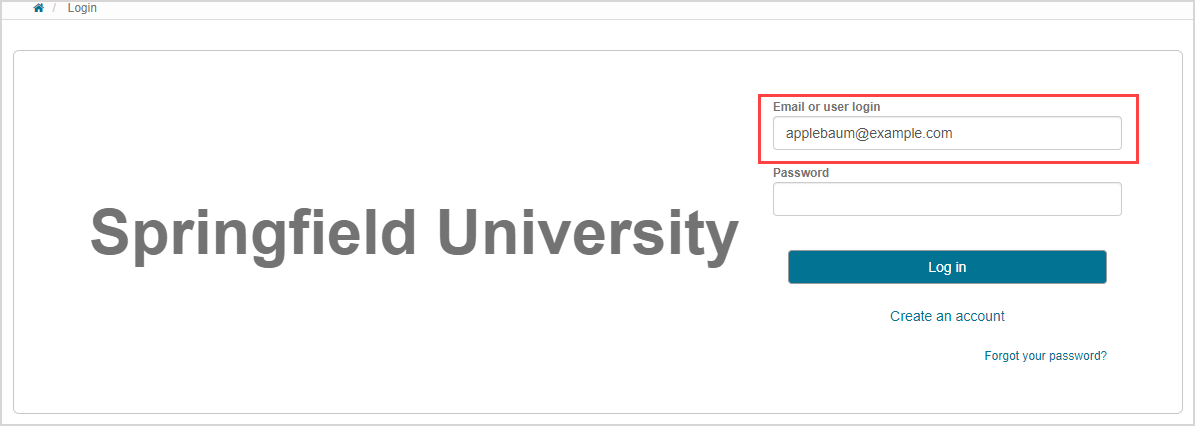 The reverted email is shown in the "Email or user login" field on the main Möbius log in page.